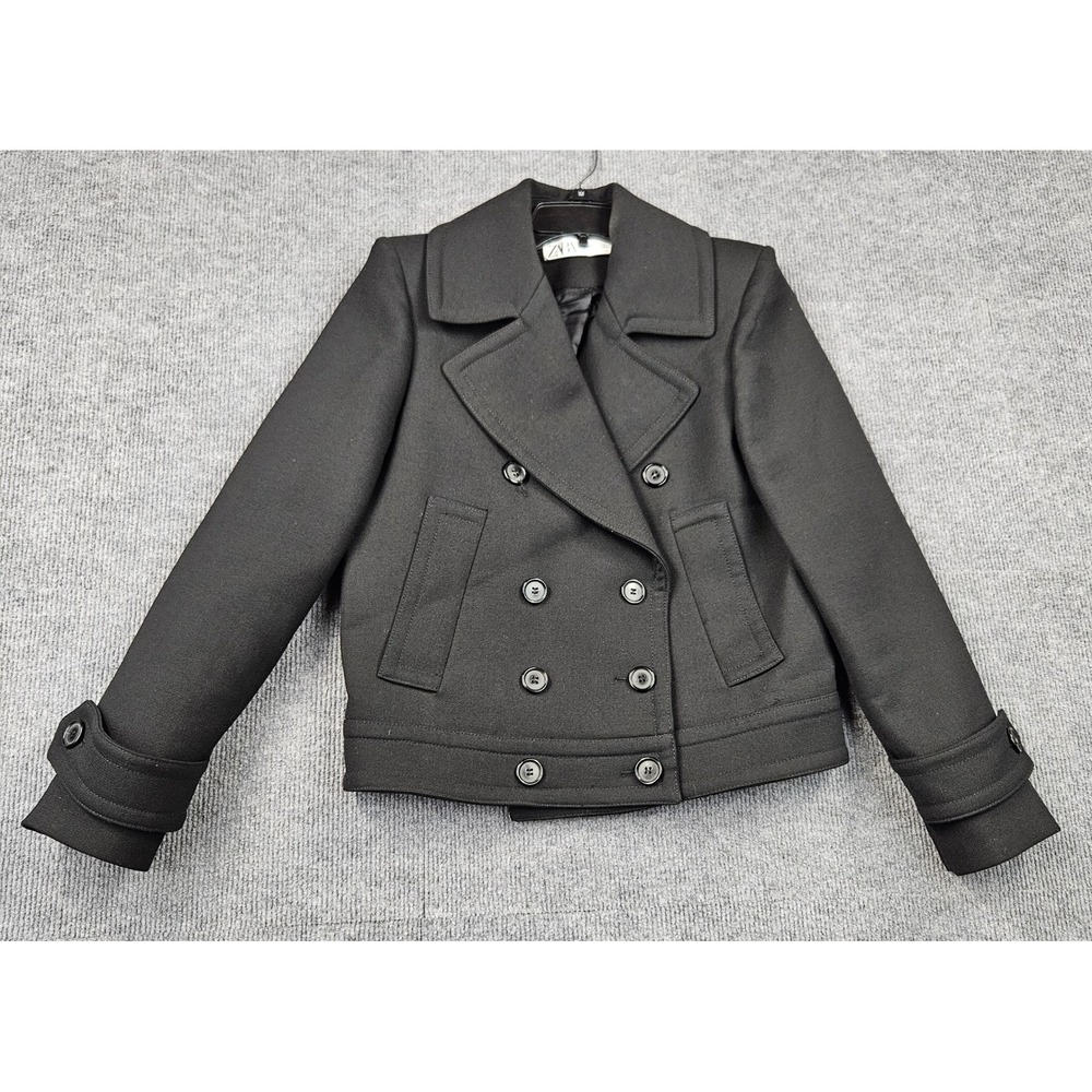 Zara Womens Blk Double Breasted Peacoat Cropped Jacket XS Preppy Minimalist